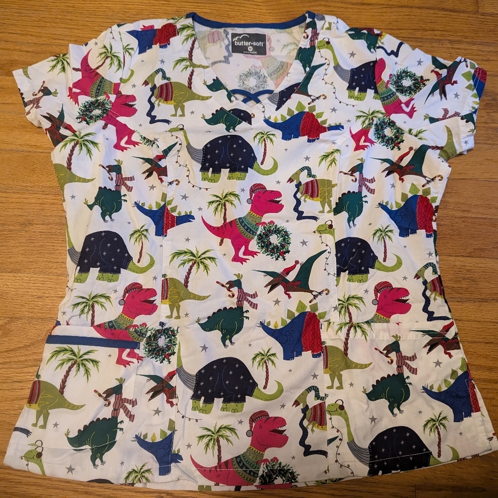 Holiday Christmas dinosaur scrub top Butter-soft by Uniform Advantage size mediu